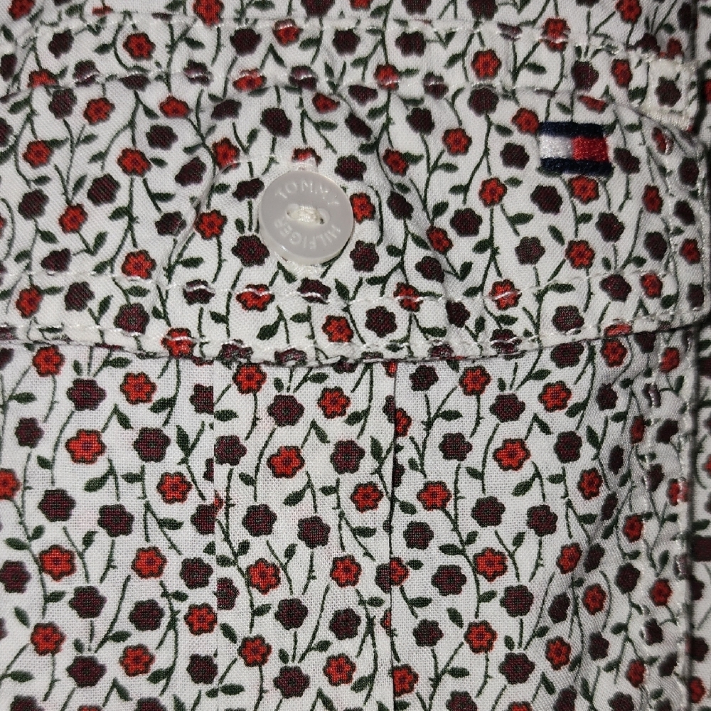 Tommy Hilfiger Womens White Wine Olive Red Flower Patterned Blouse Top Shirt